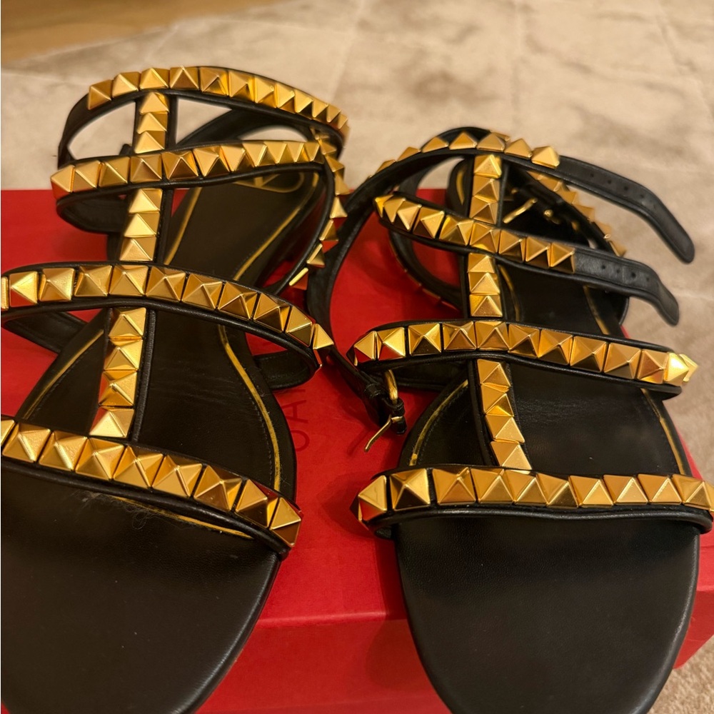 Valentino Black Leather Sandal with Gold Pyramid Studs and Ankle Strap - Picture 4 of 7
